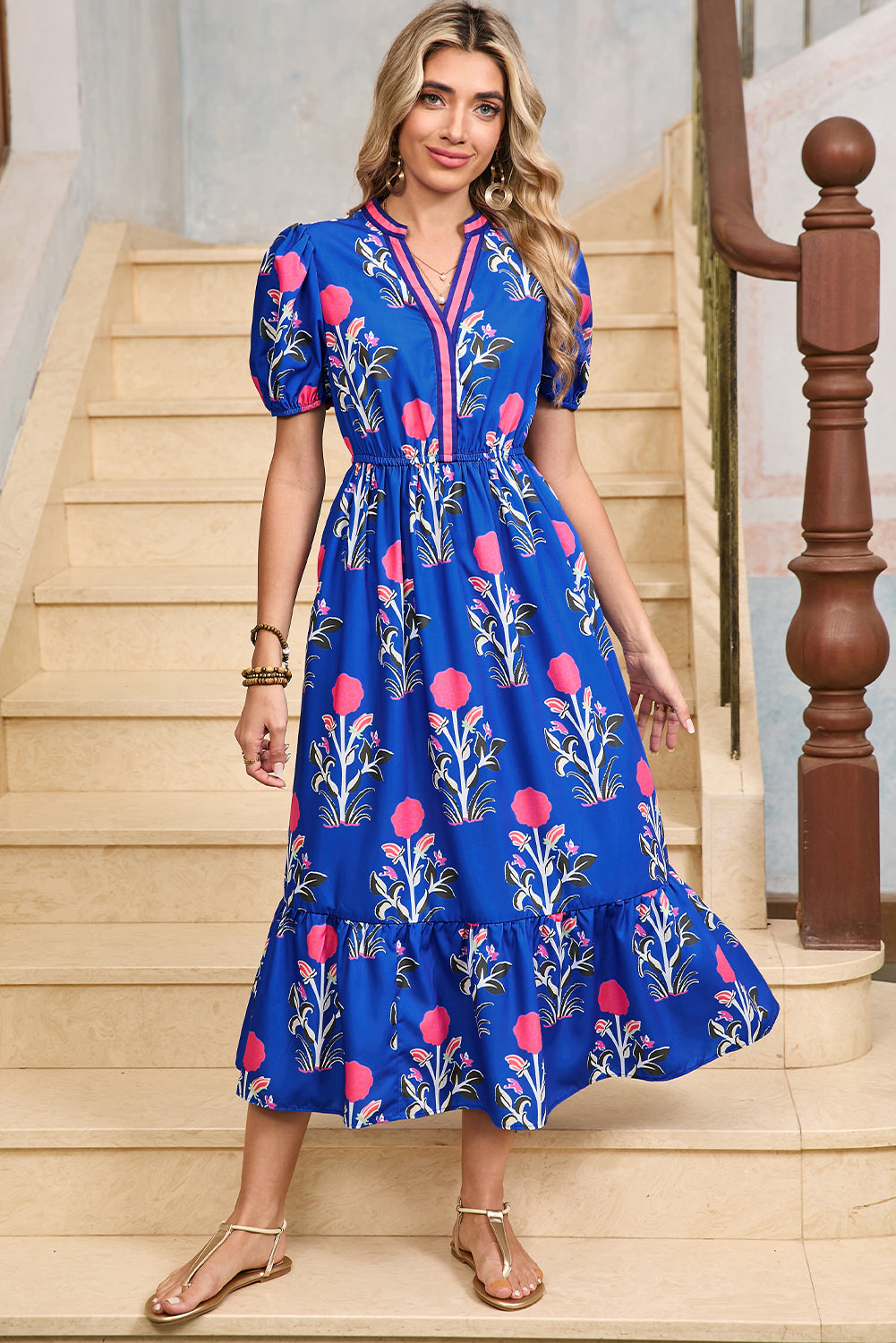 Sky Blue Floral Ruffle Hem Pop of Color Neckline Dress