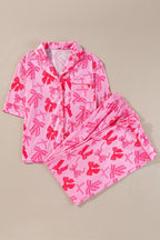 Pink Bow Knot Print Lapel Collar Short Sleeve and Pants Pajamas Set