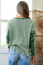 Khaki Stripe Thermal Knit Drop Shoulder Casual Top