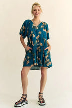 Davi & Dani Floral Print Short Bell Sleeve Pleated Mini Dress