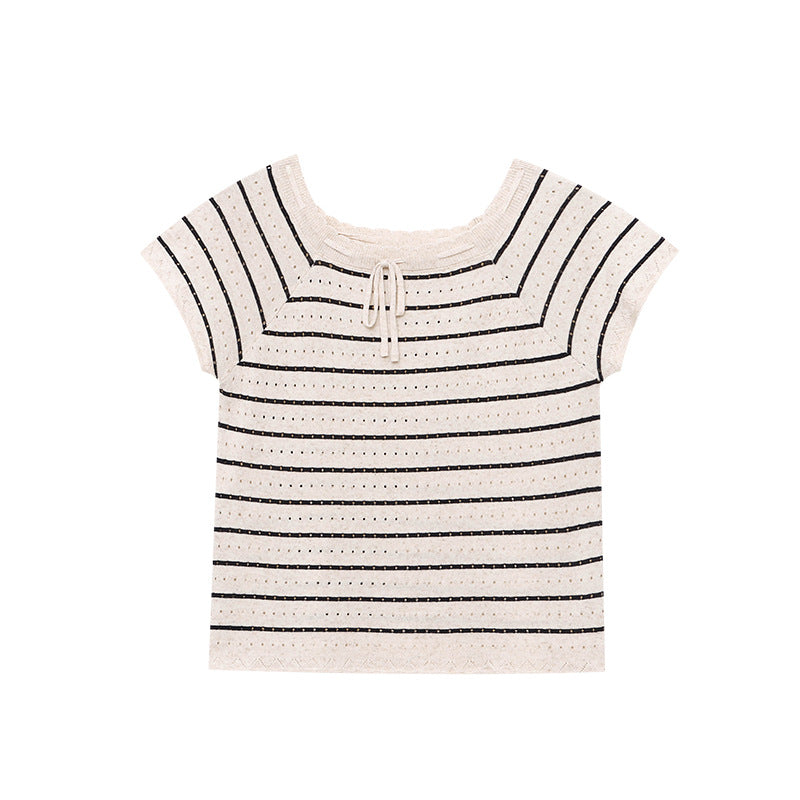 Womens Solid-Color Hollowed-Out Lace-Up Decorated Square-Neck Striped Short-Sleeve Top