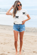 Black Bow Pattern Knit Short Sleeve Sweater