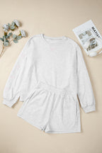 Sachet Pink Bow Embroidery Long Sleeve Pullover and High Waist Shorts Set
