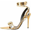 Kluolandi Womens Size 9.5 Gold Shiny Jewel Ankle Strap 5" Heel Shoes Missing Gem