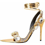 Kluolandi Womens Size 9.5 Gold Shiny Jewel Ankle Strap 5" Heel Shoes Missing Gem
