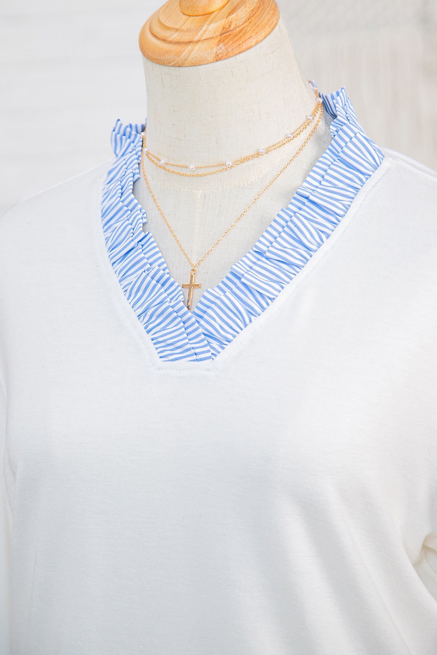 White Striped Patchwork V Neck 3/4 Sleeve Blouse