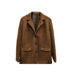 Suede-Look Blazer Jacket — V-Notch Lapel, Button-Front Casual Coat