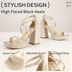 Idifu Womens 7.5 Silver Gillter Open Toe 4" Block Heel Ankle Strap Sandal Shoes