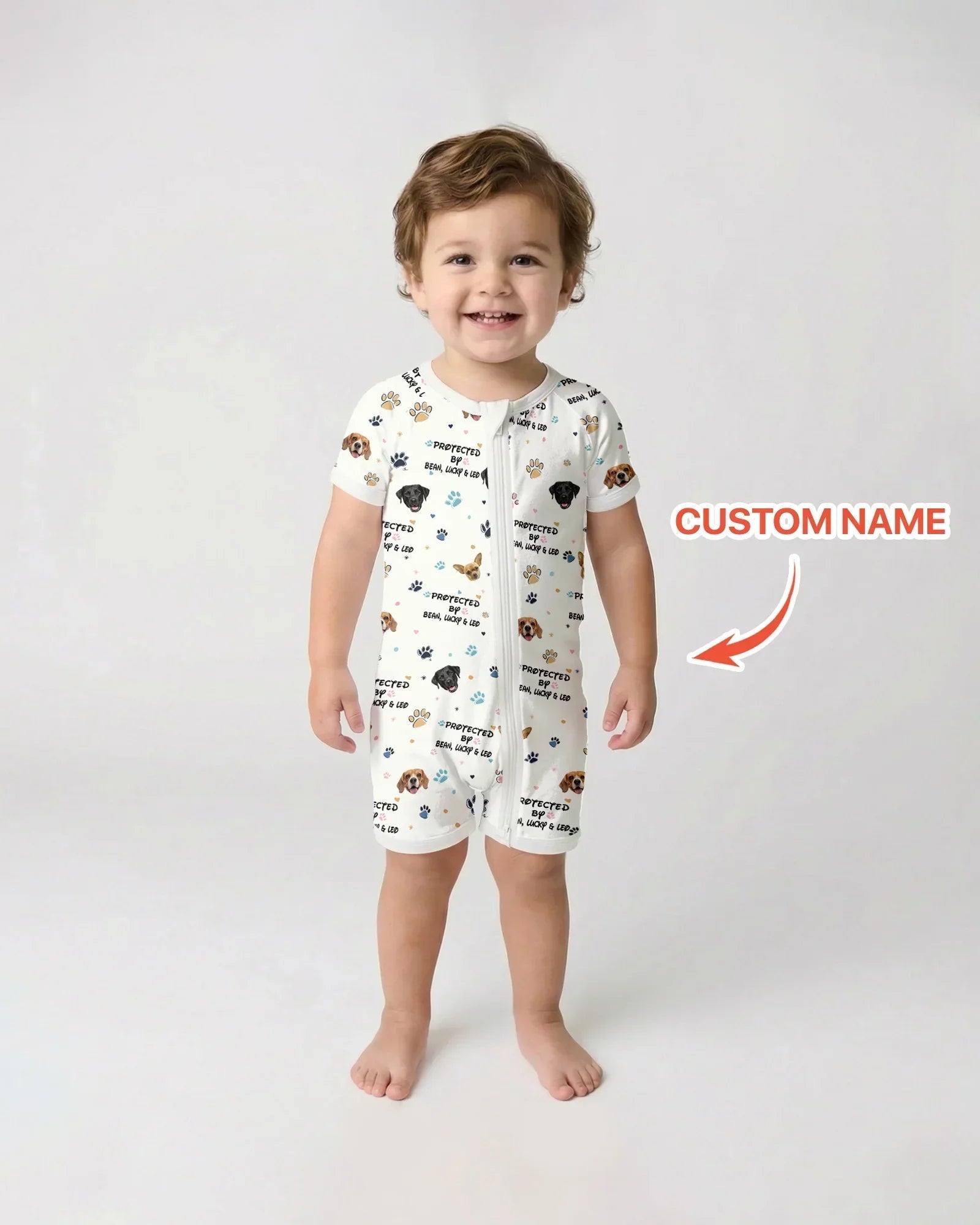 Custom Dog Photo Pattern "Protected By" Bamboo Shorty Zippered Romper