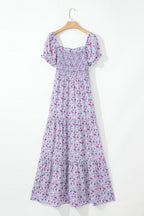 Purple Floral Short Bubble Sleeve Smocked High Waist Maxi Dress