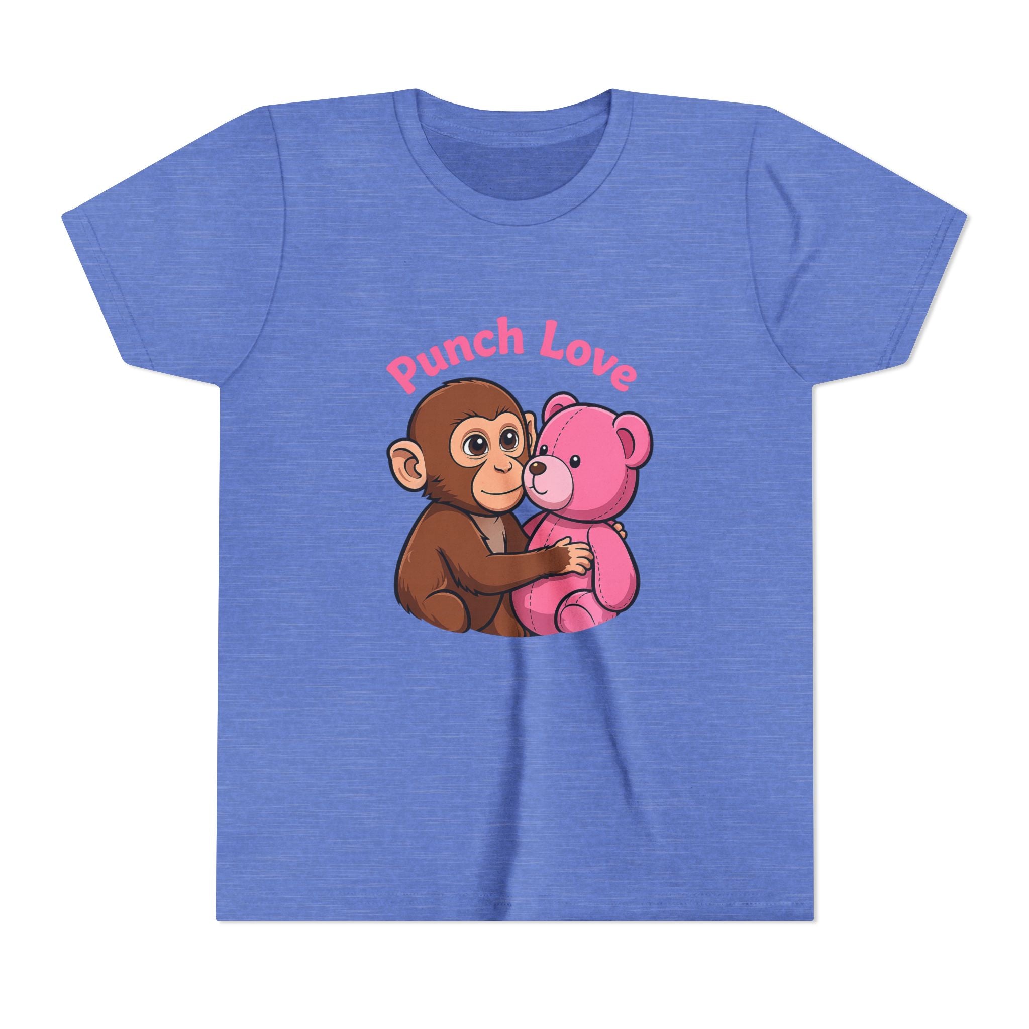 Youth Tee — "Punch Love" Monkey Hugging Pink Teddy Cute Kids Valentine Shirt