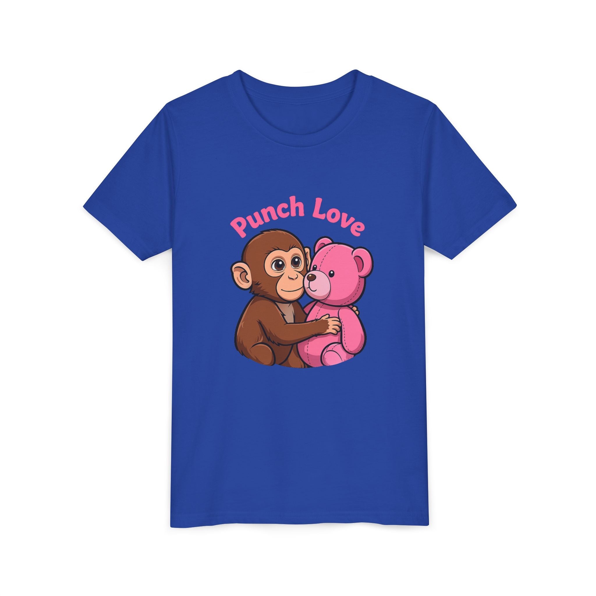 Youth Tee — "Punch Love" Monkey Hugging Pink Teddy Cute Kids Valentine Shirt