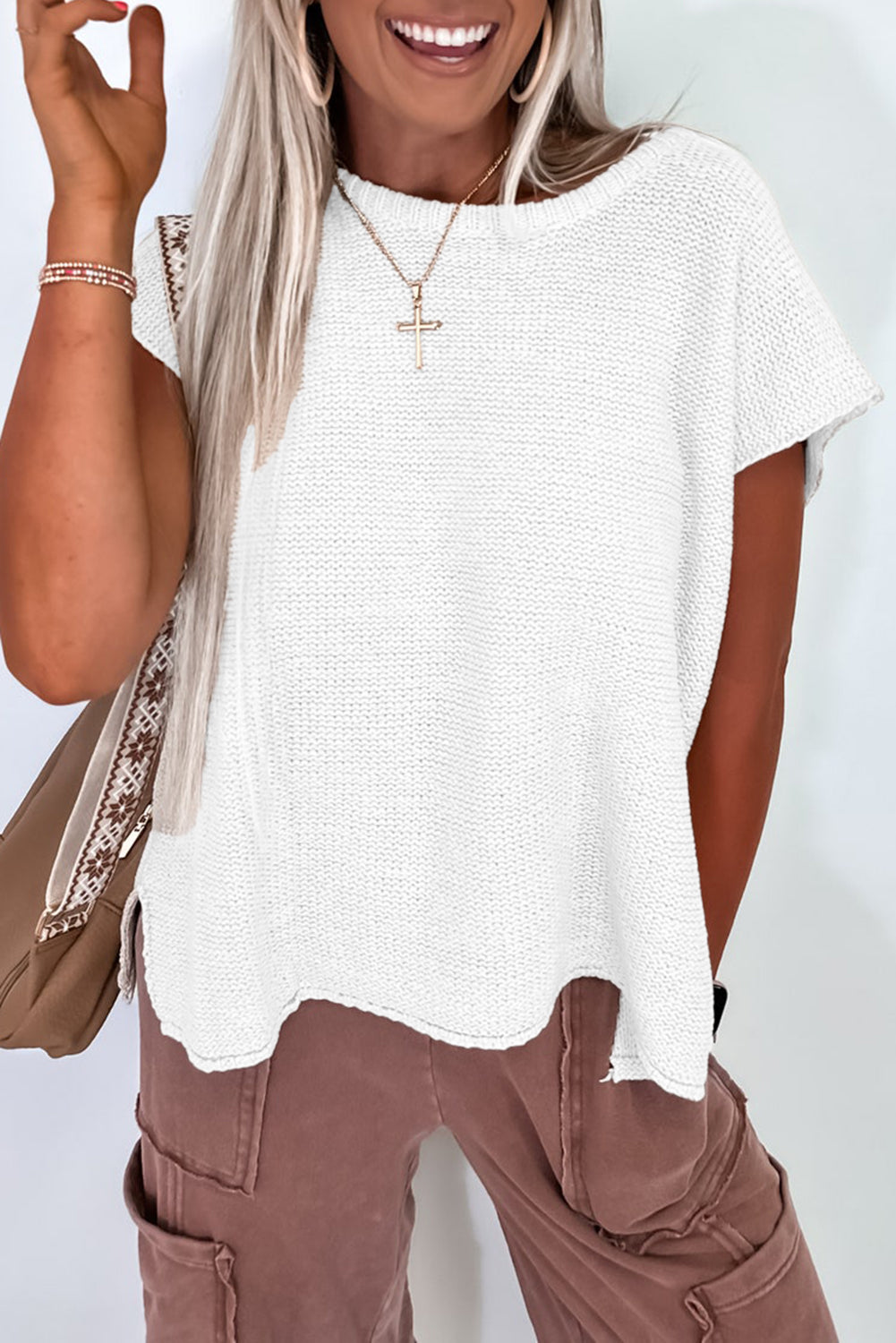 Black Solid Color Sweater Tee with Side Slits