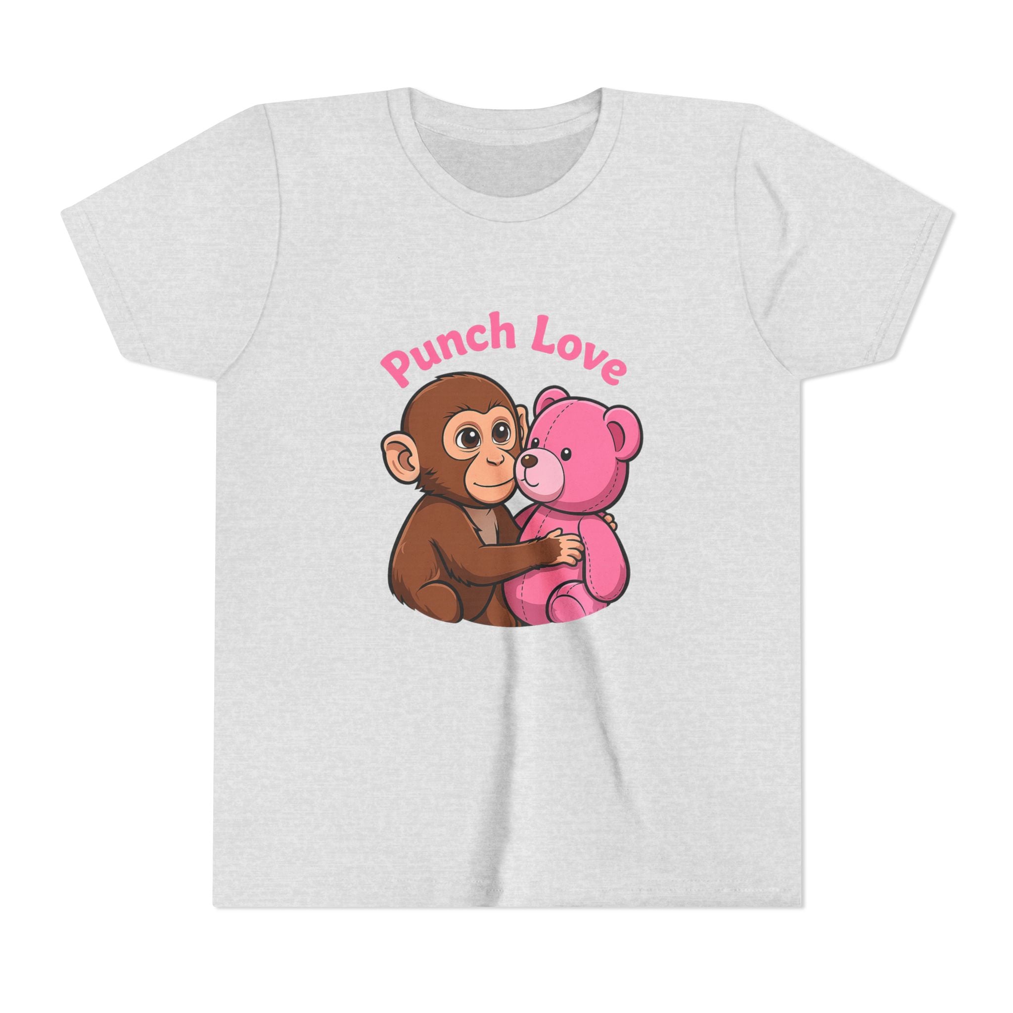 Youth Tee — "Punch Love" Monkey Hugging Pink Teddy Cute Kids Valentine Shirt