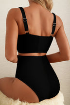 Black Corded Solid Square Neck Bikini Swimsuit