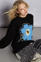 POL Floral Pattern Round Neck Sweater with Exposed Stitching