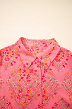 Rose Red Floral Print Wide Short Sleeve Loose Shirt
