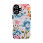 Floral Tough Phone Case Pink Vintage Roses & Blue Peonies Protective Cover