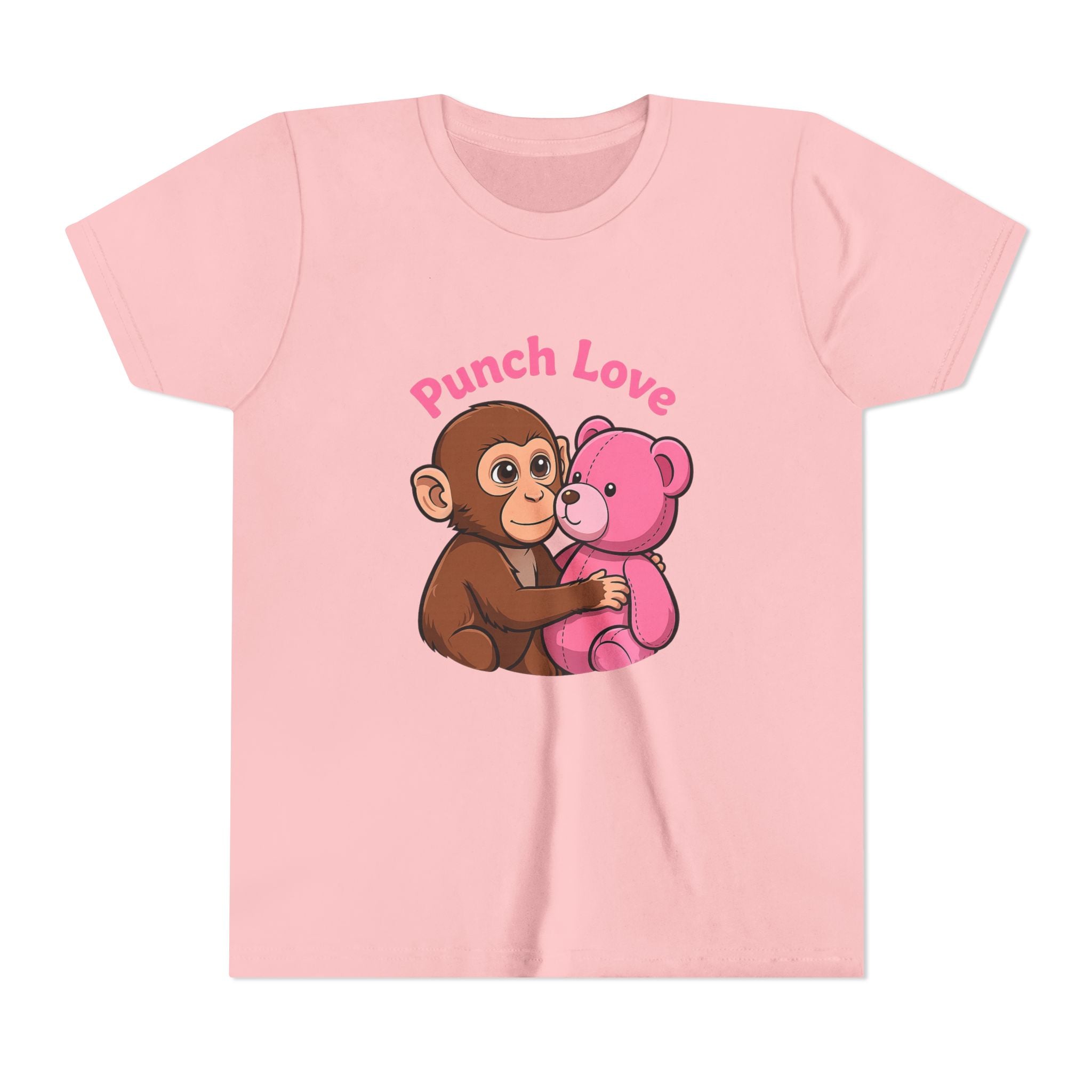 Youth Tee — "Punch Love" Monkey Hugging Pink Teddy Cute Kids Valentine Shirt