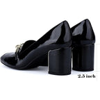New Jenn Ardor Womens Size 8.5 Black Faux Leather Gold Chain 3" Block Heel Shoes