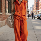 Sleeveless Hooded Top & Wide-Leg Pants Set | High-Waist Two-Piece