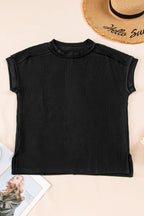 White Crinkle Rib Textured Knit Round Neck T Shirt