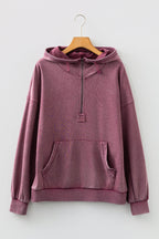 Black Half Zip Kangaroo Pocket Mineral Wash Baggy Hoodie