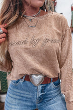 High-rise saved by grace Letter Embroidery Mineral Wash Loose Sweatshirt