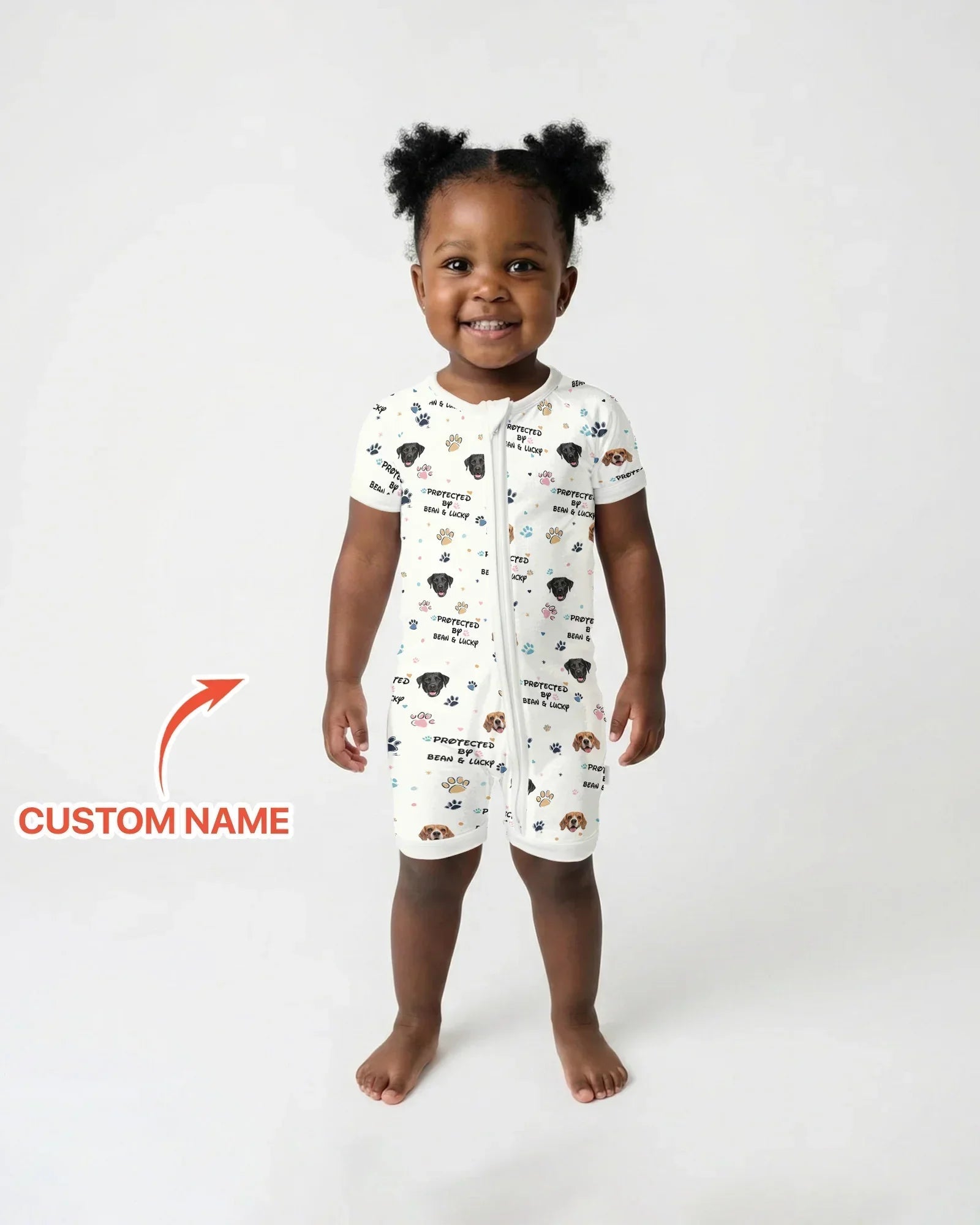 Custom Dog Photo Pattern "Protected By" Bamboo Shorty Zippered Romper