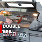 Castelle Flame Imperial 110-Inch 4-Burner 72K BTU Deluxe Stainless Steel Outdoor Kitchen Grill Island With Wine Cooler, Rotisserie, Cabinets, And Granite Countertops (SAK94721)