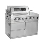 Castelle Flame Imperial 110-Inch 4-Burner 72K BTU Deluxe Stainless Steel Outdoor Kitchen Grill Island With Wine Cooler, Rotisserie, Cabinets, And Granite Countertops (SAK94721)