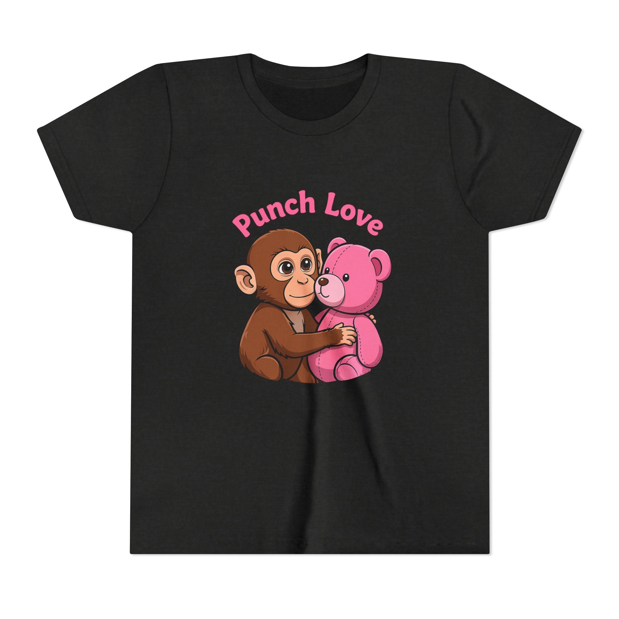 Youth Tee — "Punch Love" Monkey Hugging Pink Teddy Cute Kids Valentine Shirt