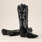 Idifu Womens Size 7 Black Faux Leather Embroidered 2.5" Block Heel Cowboy Boots
