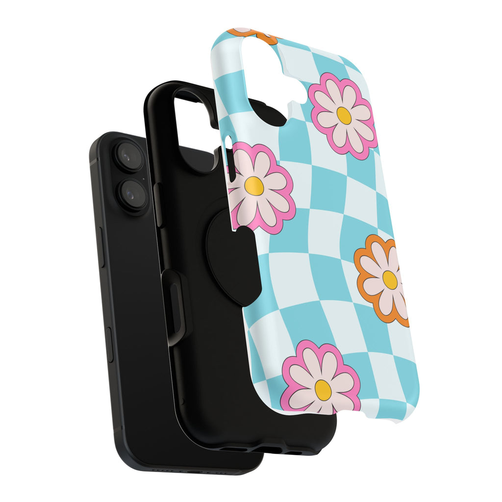 Phone Case Retro Checkerboard with Pink & Orange Daisies (Impact-Resistant)