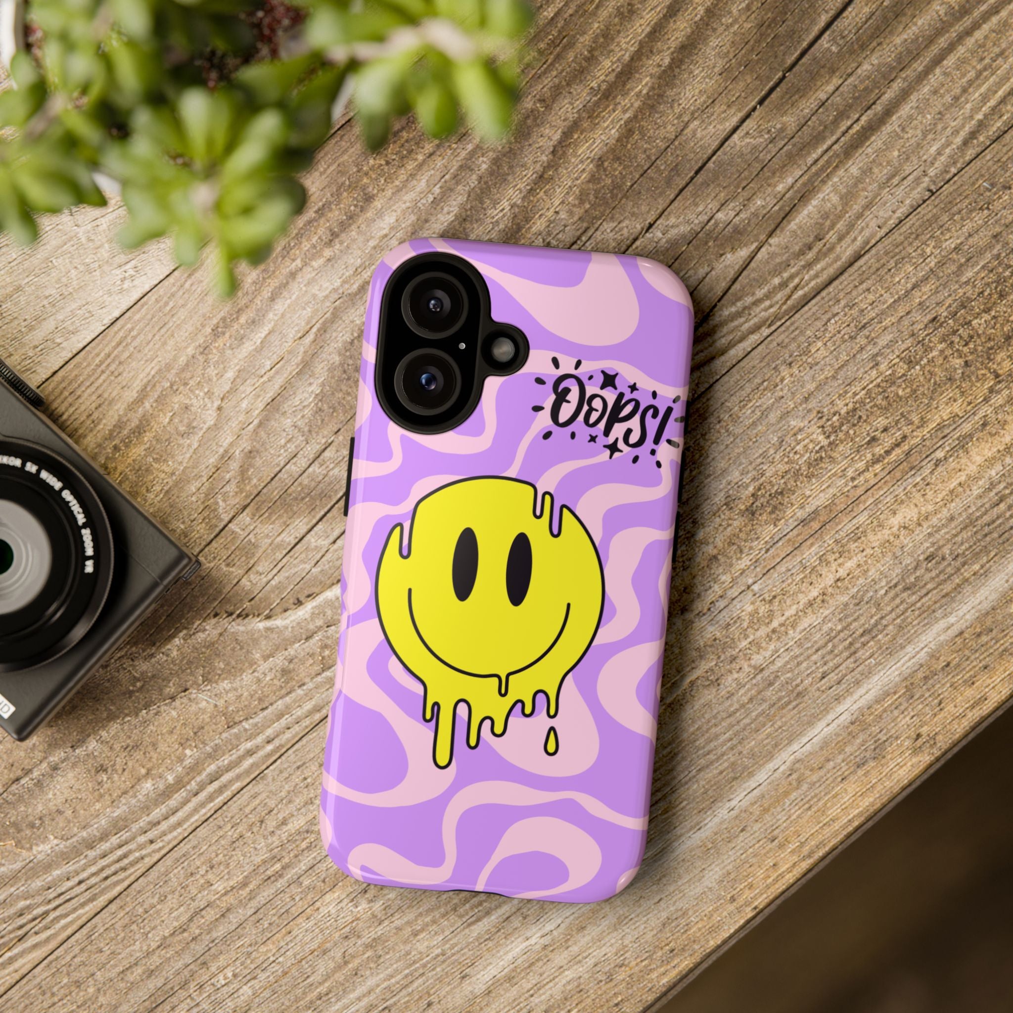 Phone Case Dripping Yellow Smiley on Purple Swirl "Oops!" Design