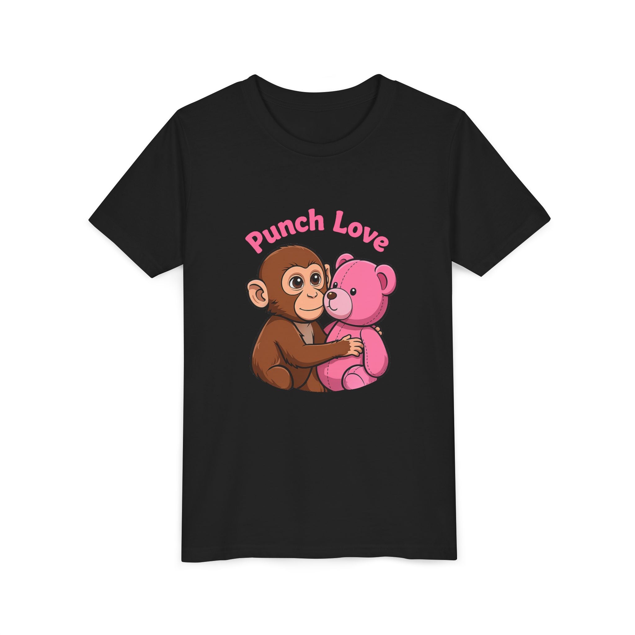 Youth Tee — "Punch Love" Monkey Hugging Pink Teddy Cute Kids Valentine Shirt