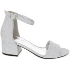 New London Fog Womens 7.5 Silver Glitter 2" Block Heel Open Toe Ankle Strap Shoe