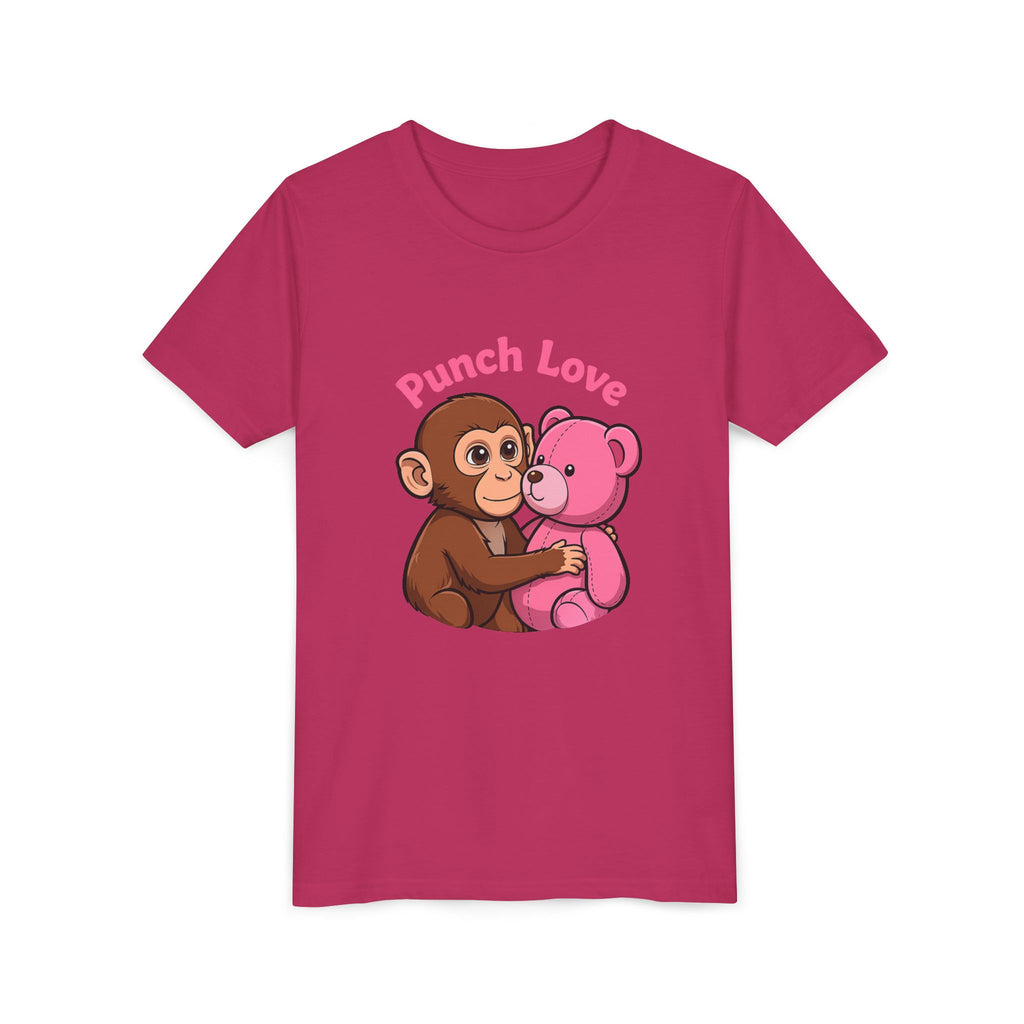 Youth Tee — "Punch Love" Monkey Hugging Pink Teddy Cute Kids Valentine Shirt