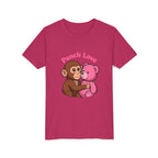 Youth Tee — "Punch Love" Monkey Hugging Pink Teddy Cute Kids Valentine Shirt