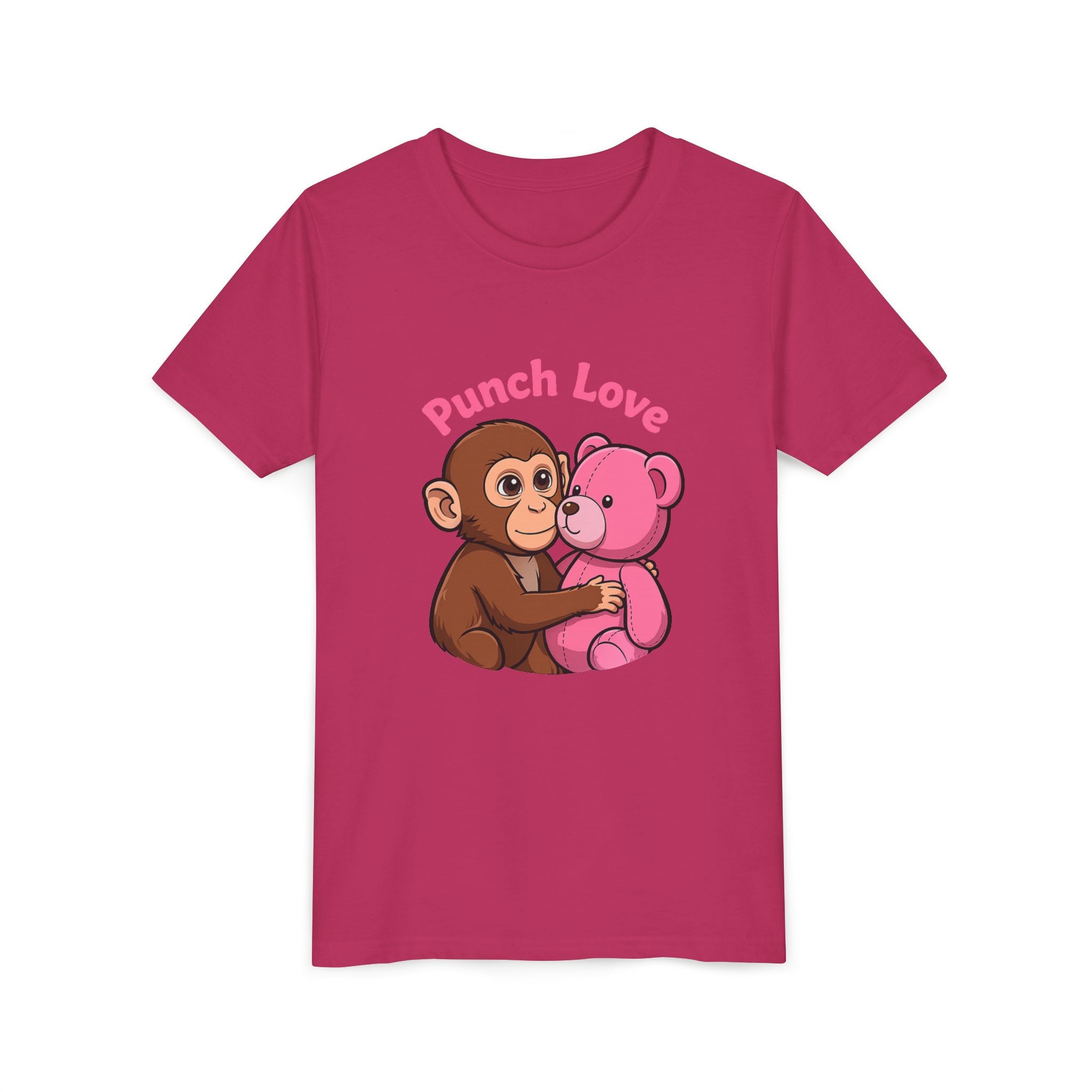 Youth Tee — "Punch Love" Monkey Hugging Pink Teddy Cute Kids Valentine Shirt