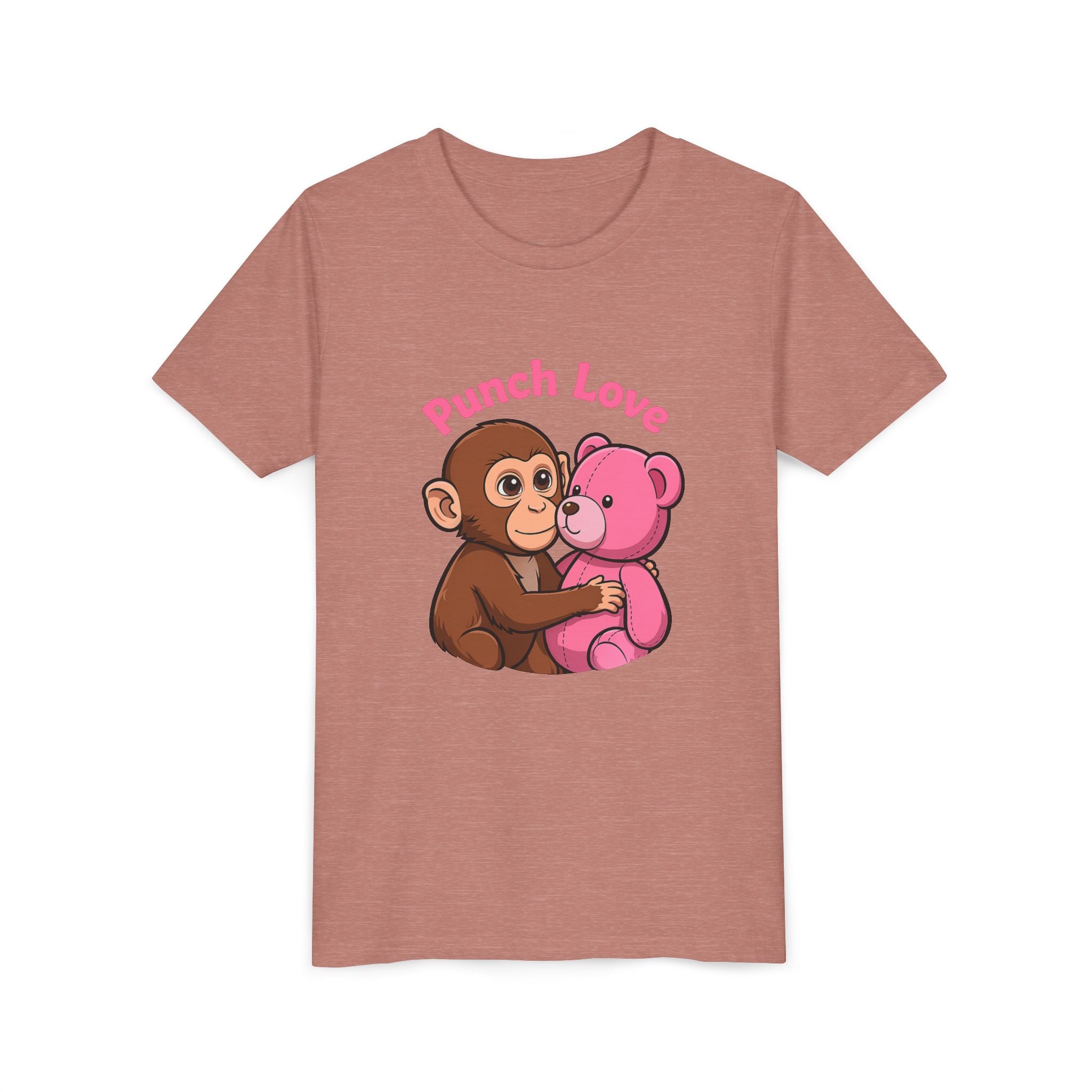 Youth Tee — "Punch Love" Monkey Hugging Pink Teddy Cute Kids Valentine Shirt