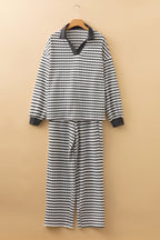 White Stripe Collared Pullover Top and Drawstring Pant Set