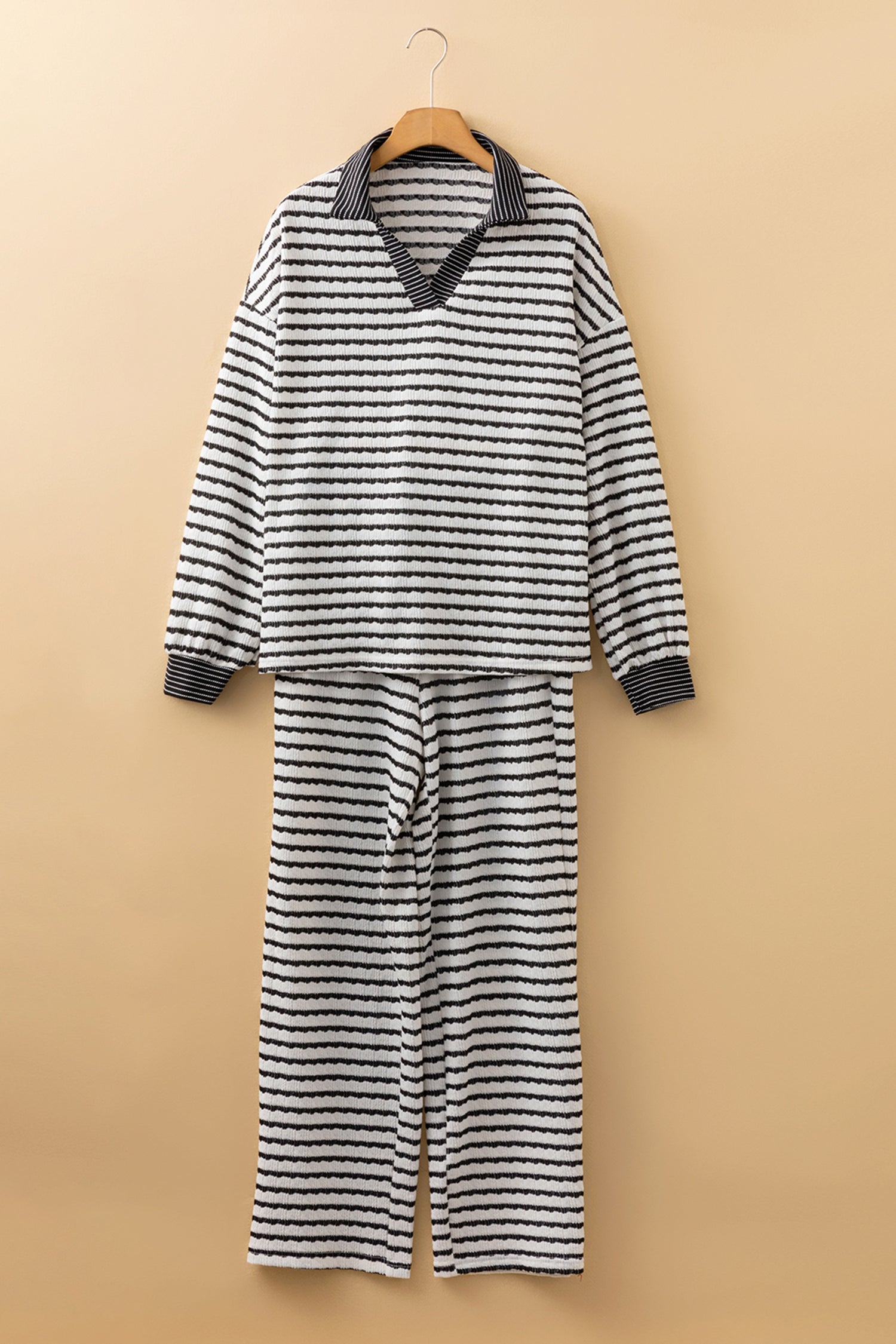White Stripe Collared Pullover Top and Drawstring Pant Set