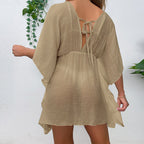 Drop Shoulder Loose Beach Cover-up Solid Color Sun Protection Shirt Waist Trimming Lace up Beach Cover Up