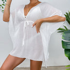 Drop Shoulder Loose Beach Cover-up Solid Color Sun Protection Shirt Waist Trimming Lace up Beach Cover Up