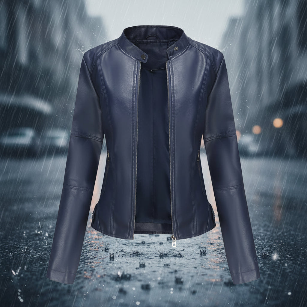 Black leather jacket on a rainy street background