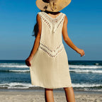 Vacation Beach Crochet Double V Neck Patchwork Hollow Out Cutout Out Camisole See Through Bikini Cover Up Dress