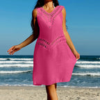 Vacation Beach Crochet Double V Neck Patchwork Hollow Out Cutout Out Camisole See Through Bikini Cover Up Dress
