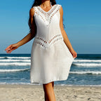 Vacation Beach Crochet Double V Neck Patchwork Hollow Out Cutout Out Camisole See Through Bikini Cover Up Dress