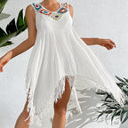 Holiday Crochet Block Stitching Irregular Asymmetric Tassel Hollow Out Cutout Beach Bikini Cover Up Dress